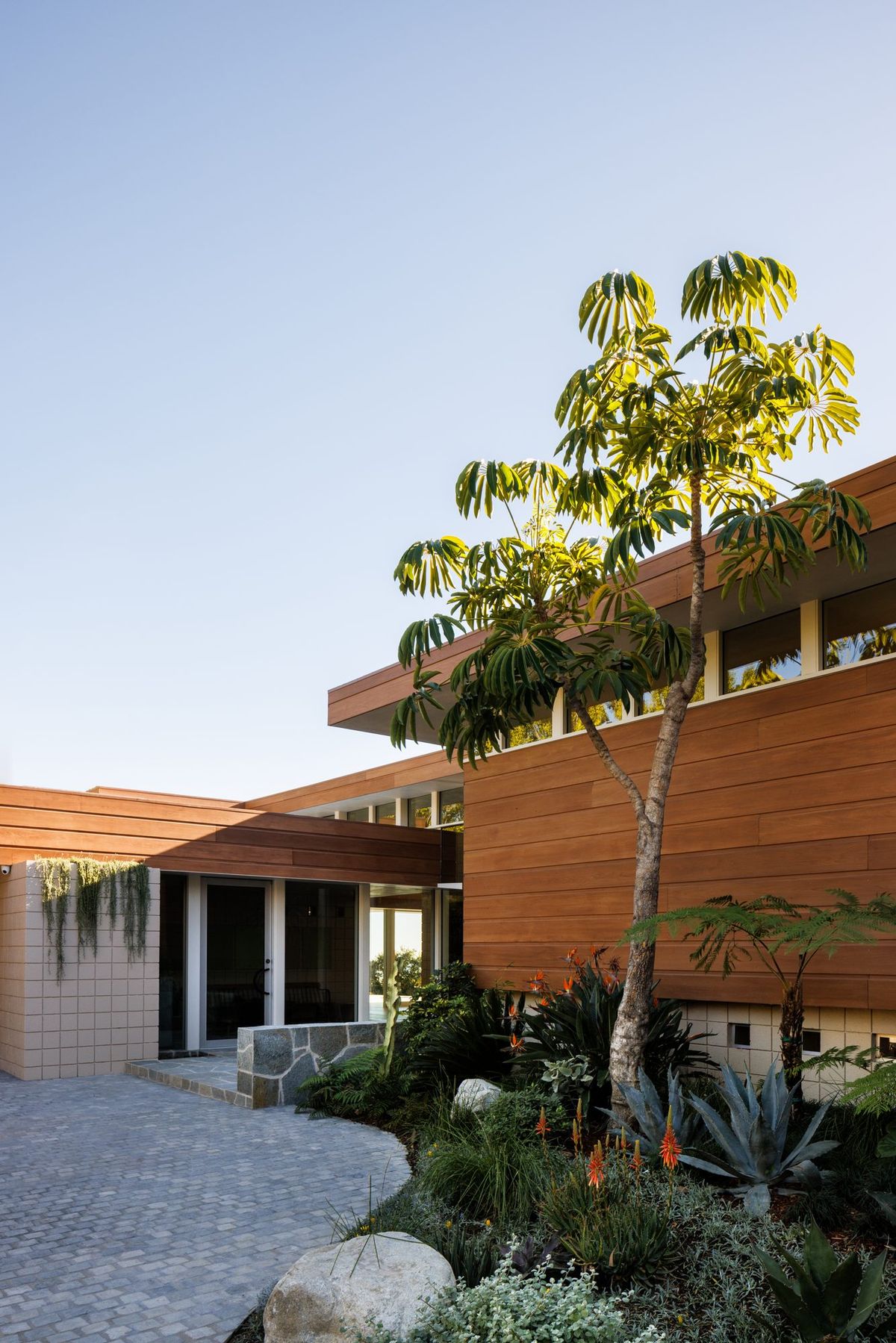Carla Ridge: Entry path of stone pavers beneath a redwood-clad upper volume